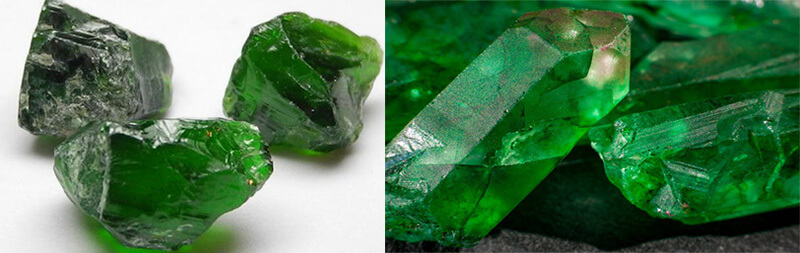 Đá Diopside ( trái ) và đá Emerald ( phải ).
